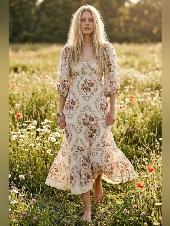 Free People Dresses & Skirts - Free People Ivory Floral Puff Sleeve Square Neck Dress Size Medium